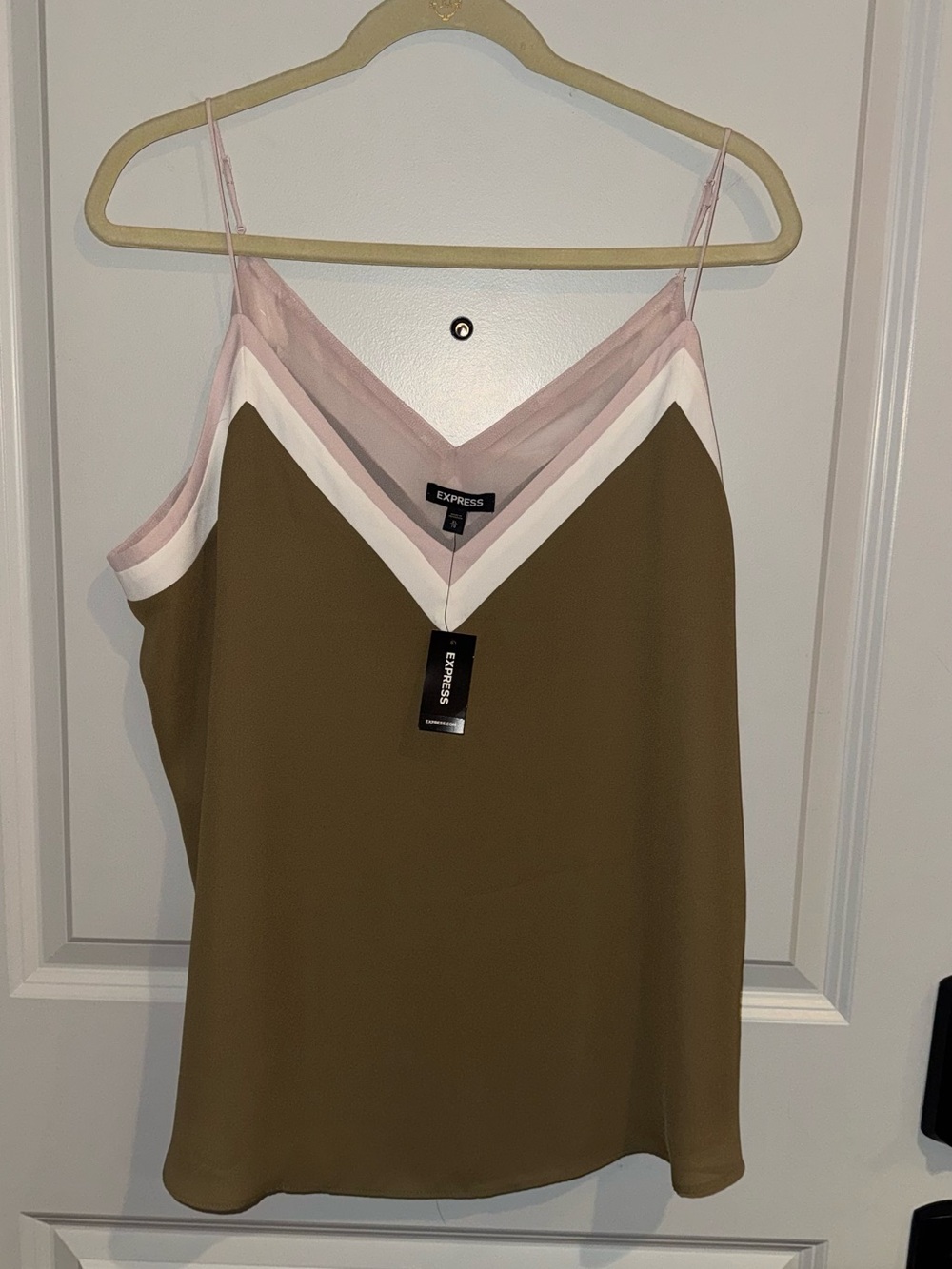 Express Olive Camisole with Pink and White V-Trim